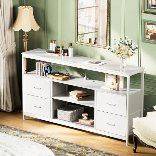 Huuger TV Stand Dresser with Power Outlets and LED Lights, 4 Drawers Entertainment Center with Shelves, 54 Inch Media Console for 55 60 Inch TV, 4 AC Outlets, 2 USBs, Dresser with PU Finish, White - color: White, size: 54 Inches