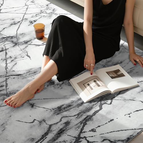 CRYPTOLITE Abstract Area Rug Washable Rug with Non-Slip Backing Low Pile Area Rugs for Living Room, Bedroom, Dining Room,4x6, Silver&Grey - color: Marble - Silver Grey, size: 4' x 6' (Rectangular)