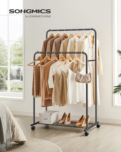 SONGMICS Double Rods Clothes Rack with Wheels, Clothing Rack for Hanging Clothes, Heavy Duty Garment Rack with Mesh Storage Shelf, 2 Brakes, Each Top Rail Holds up to 77 lb, Black UHSR26BKV1 - color: Black, style: Double Rod