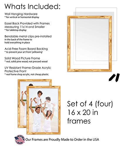Pack of 4 Gold Bamboo 16x20 Picture Frames | Solid Wood | UV-Resistant Acrylic | Easy Gallery Wall Setup - color: Gold Bamboo, size: 16X20