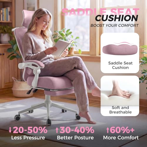 CYKOV Ergonomic Office Chair, Reclining, Footrest, Adjustable Lumbar, 350LB | 4-Way Headrest (4.72" + 60°), 2-Way Lumbar (2" + 1.18"), 90-135° Recline, Breathable Mesh, Gaming & Office, 5-Year Warranty - color: W-pink