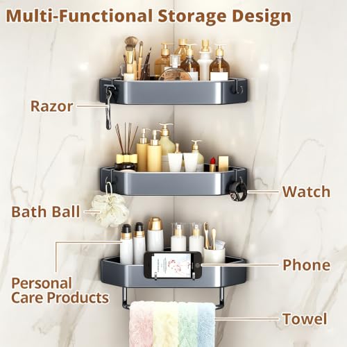 3-Tier Corner Shower Caddy, Rustproof Shower Shelf, Adhesive/Drill | Adhesive/drill, Fits tile/marble/glass, 6 hooks & towel bar, for renters & apartments, kitchen, laundry, grey