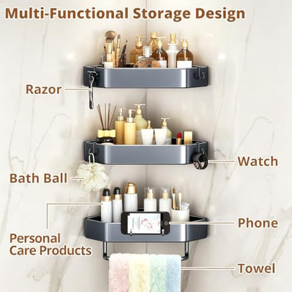 3-Tier Corner Shower Caddy, Rustproof Shower Shelf, Adhesive/Drill | Adhesive/drill, Fits tile/marble/glass, 6 hooks & towel bar, for renters & apartments, kitchen, laundry, grey