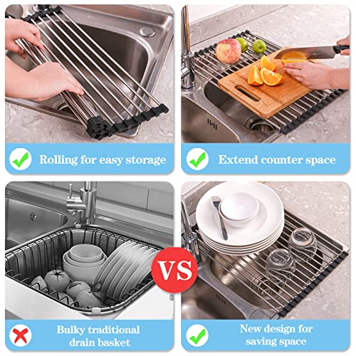 Seropy Roll Up Dish Drying Rack Over The Sink for Kitchen Sink Drying Rack Folding Dish Drainer Mat Rolling Dish Rack Sink Rack Stainless Steel Kitchen Dry Rack Black 17.5x15.7 Inch - color: Black, size: 17.5 x 15.7 in