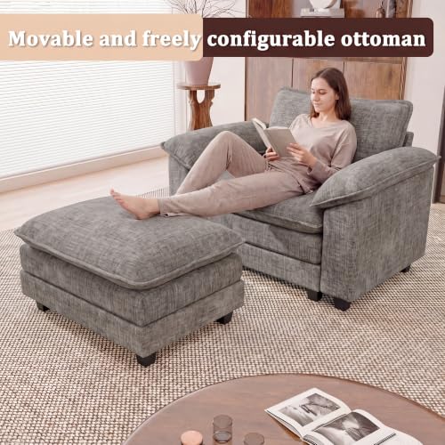 JUMMICO 40" Chaise Lounge Chair with Ottoman, Single Sofa Chair, Light Grey | Comfy Chenille, Double Layer Cushion, Wide Armrest, Deep Seat, High-Density Foam, Reading Chair for Living Room - color: Light Grey, size: Single Sofa Chair
