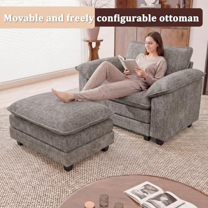 JUMMICO 40" Chaise Lounge Chair with Ottoman, Single Sofa Chair, Light Grey | Comfy Chenille, Double Layer Cushion, Wide Armrest, Deep Seat, High-Density Foam, Reading Chair for Living Room - color: Light Grey, size: Single Sofa Chair