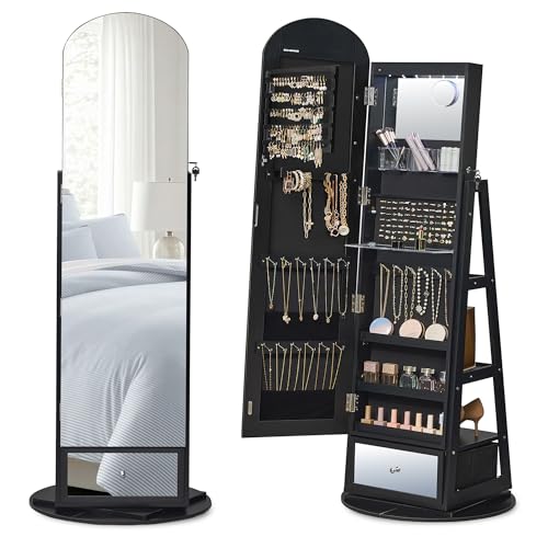 SONGMICS 360° Swivel Jewelry Cabinet, Full-Length Arched Mirror with LED Lights, Magnifying Mirror, Storage Shelves, Drawer, Ink Black UJJC030BC01 - color: Black, style: Arched Mirror with Drawer