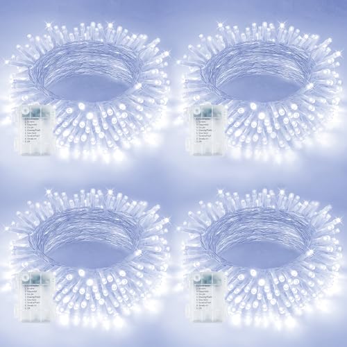 4 Pack 200 LED Battery Operated String Lights, Twinkle Lights Cool White | 66FT 8 Modes Christmas Fairy Lights Indoor Outdoor, Waterproof Battery Lights for Bedroom Party Porch Tree Holiday Decor - color: Cool White, size: 4PK(50LED)
