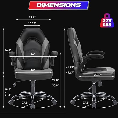 Sweetcrispy Computer Gaming Desk Chair - Ergonomic PU Leather with Comfy Lumbar Support, Height Adjustable Rolling Desk with Flip-up Armrests, for Home and Office - color: Grey