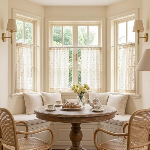 MYSKY HOME Beige Sheer Kitchen Curtains Over Sink 24 inch Length,2 Panels | Light Filtering Semi Sheer with Pom Pom,Short Tier Half Curtains for Cafe Small Window Decor, Rod Pocket,26Wx24L - color: 1-wood Beige, size: 26"W x 24"L (Pack of 2)