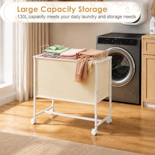 Rolling Laundry Basket with Wheels,Large Capacity Laundry Basket Cart | 130L Fabric Clothes Hamper Organizer Cart for Laundry Room Bedroom Bathroom Dorm,White - style: Large Oblong Cloth Bag—White