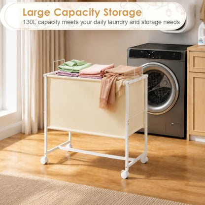Rolling Laundry Basket with Wheels,Large Capacity Laundry Basket Cart | 130L Fabric Clothes Hamper Organizer Cart for Laundry Room Bedroom Bathroom Dorm,White - style: Large Oblong Cloth Bag—White
