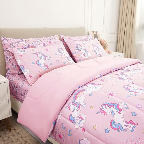 Kids Twin Comforter Sets for Girls 6 Pieces Pink Unicorn Bedding Set for Teens Soft Microfiber Kids Bed in A Bag with Comforter, Sheet Set, Shams and Decorative Toy Pillow All Season - color: Pink Unicorn, size: Twin