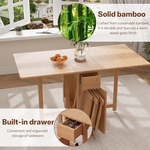 Folding Dining Table with Chairs, Bamboo Drop Leaf Foldable Tables for Small Spaces,Extendable Collapsible Dinette Table with Drawers and Wheels for Living Room Kitchen Apartment,No Assembly (Wood）