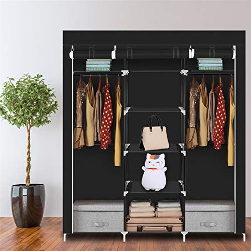 69" Portable Covered Garment Rack,Freestanding Closet Organizer,Non-Woven Fabric Closet Wardrobe,Steel Tube Wardrobe Clothes Rack,with Shelves,for Home, Bedroom, Living Room, Dorm (Black) - color: 150x45x175cm, Black-e