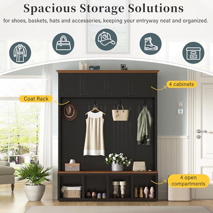 76.7''H Farmhouse Hall Tree with Storage Cabinet & Bench, Black - color: Black, size: 59”W x 15.7”D x 76.7”H