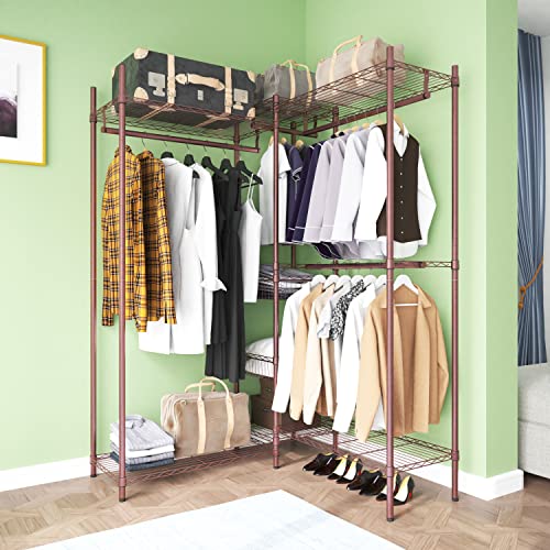 XIOFIO 6 Tiers Heavy Duty Garment Rack,Clothing Storage Organizer, Metal Clothing Rack,Clothing Rack with Hanging Rod,Adjustable Shelf and Fixed Baskets,60.7"L x 15.7"W x 70.5"H Max Load 720LBS,Bronze - color: Bronze
