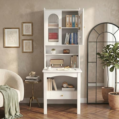 Space-Saving Fold Out Wall Desk, Convertible Writing Table with Large Storage Cabinet & Shelves, Tall Cabinet Bookcase for Small Apartments, Home Office Workstation (White)