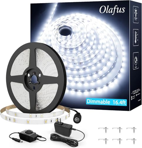 Olafus White LED Strip Lights, 16.4ft Dimmable LED Light Strip, 12V 6000K Vanity Mirror Light with UL Listed Plug, 300 LEDs 2835 Flexible Led Lights for Bedroom Under Cabinet Kitchen - color: Daylight White, size: 16.4ft