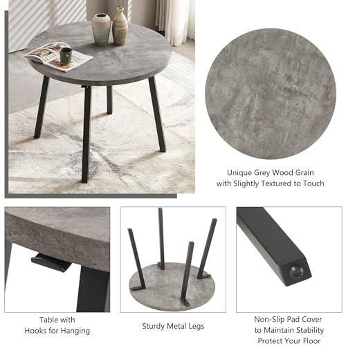 Homedot 5 PCS Dining Room Table Set, Grey Kitchen Table with Hooks for Hanging, Thick MDF Tabletop, 4 Dark Green Velvet Living Room Chairs - color: Dark Green, size: 1* Grey Round Table+4*Chair