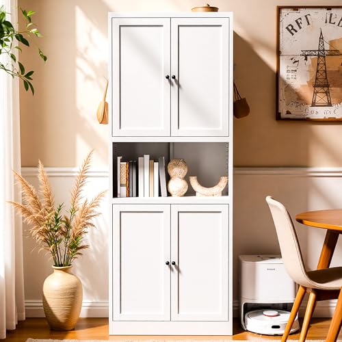 AQY Metal Pantry Cabinet, 72" White Kitchen Storage Cabinet with Doors | Microwave Stand 3 Adjustable Shelves Freestanding Storage Metal Cabinet Kitchen Organization - color: White, style: H72" - 4 Doors Wire Hole Hooks & Vents