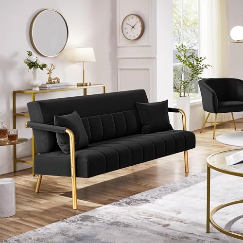 Yaheetech 56.5" Smal Sofa 2 Seater Couch with Gold-Tone Legs, Black | Small Sofa Loveseat Velve 2 Seater Couch with Tufted Back Gold Metal Frame 2 Pillows for Office, Studio,Living Room - color: Black, size: 56.5" W
