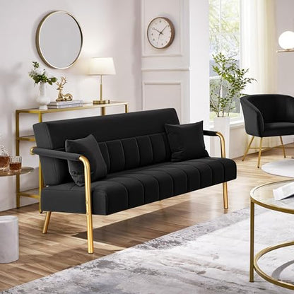 Yaheetech 56.5" Smal Sofa 2 Seater Couch with Gold-Tone Legs, Black | Small Sofa Loveseat Velve 2 Seater Couch with Tufted Back Gold Metal Frame 2 Pillows for Office, Studio,Living Room - color: Black, size: 56.5" W
