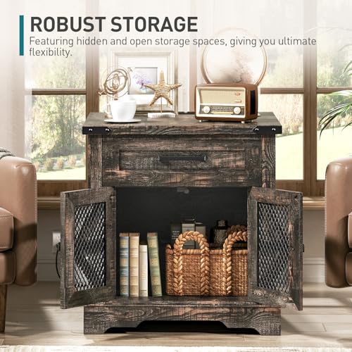 Farmhouse End Table with Charging Station, 24" Large Sofa Side Table with Drawer, Large End Table for Living Room, Wooden Nightstand with Outlet, Square, Dark Rustic Oak - color: Dark Rustic Oak