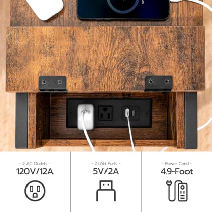 HOOBRO End Table with Charging Station, Narrow Side Table, Small Nightstand, Bedside Tables with Drawer and Storage Shelves, for Small Spaces, Living Room, Bedroom, Rustic Brown and Black BF041BZ01G1 - color: Rustic Brown+black