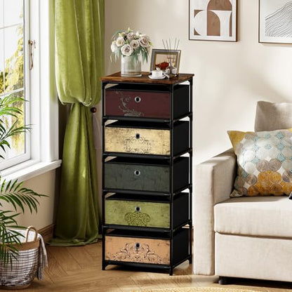 VASICAR Storage Unit with 5 Drawers, Fabric Nightstand, Wood Top | Clothes Organizer, Craft Storage Chest, Small Pattern Dresser for Bedroom, Closet, Nursery, Dorm - size: 11.8"D x 15.8"W x 37.8"H (5 Drawers)
