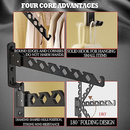 Dr.DJ Wall Mount Coat Hanger Holder Black Clothes Drying Organizer Rack Garment Hooks Aluminium Retractable Folding Indoor Wall Mounted Hanger for Laundry Room Bedroom Black 2Pack with 80cm Rod - color: Black 2racks+rod