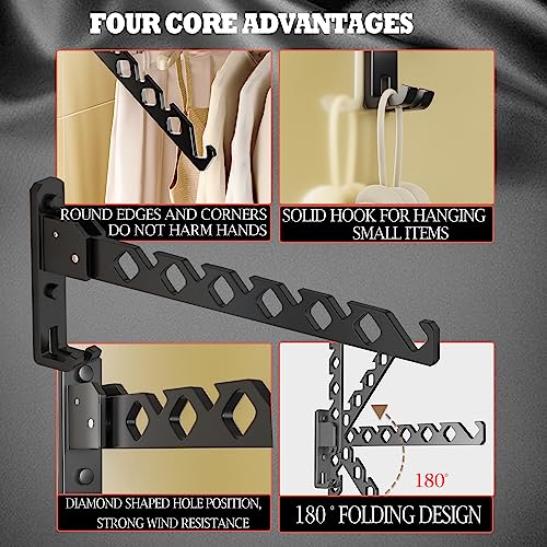 Wall Mount Coat Hanger Holder Black Clothes Drying Organizer Rack Garment Hooks Aluminium Retractable Folding Indoor Wall Mounted Hanger Space Saver for Laundry Room Bedroom Black 2 Pack with 8 Hooks - color: Black 2racks with Hooks