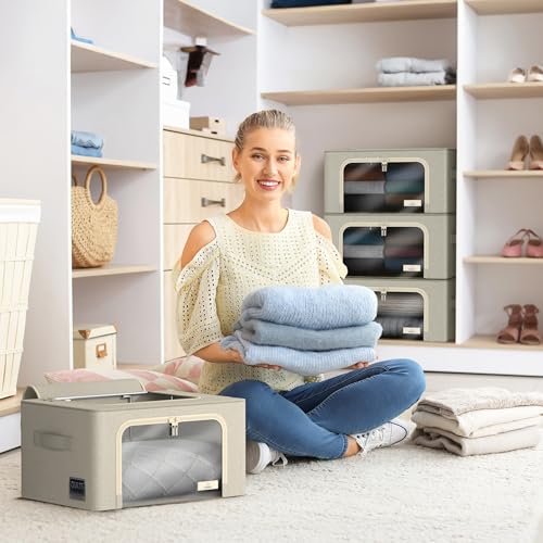 Sorbus Storage Bins with Metal Frame - Stackable & Foldable Clothes Organizer Bags - Oxford Fabric Storage Containers with Large Clear Window & Carry Handles, Bedroom Organization for Bedding & Linen - color: Beige, size: 2 Pack