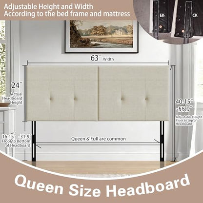 Upholstered Tufted Queen Size Headboard,Premium Linen Fabric Wood Head Board with Metal Legs, Adjustable Height from 42” to 56”, Bed Headboard in Modern Design,Backboard for Bed, Oatmeal - color: Oatmeal Linen, size: Queen