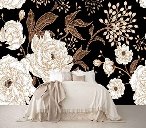 Reyhui Wall Mural Peonies and Roses Floral Vintage Wallpaper | 151"x105" Not Peel and Stick Seamless Gold White Flowers Wall Coverings for Living Room Bedroom Kids Room - color: MURAL-005, size: 151" x 105"
