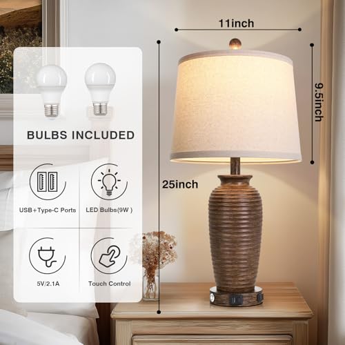 CINSARY 25" Retro Walnut Brown Farmhouse Jar Table Lamps Set of 2, 3 Way Touch Control Rustic Bedside Lamps with USB A+C Ports & AC Outlet, Pot Nightstand Lamps for Bedroom Living Room - color: Walnut Brown