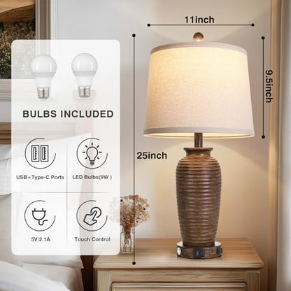 CINSARY 25" Retro Walnut Brown Farmhouse Jar Table Lamps Set of 2, 3 Way Touch Control Rustic Bedside Lamps with USB A+C Ports & AC Outlet, Pot Nightstand Lamps for Bedroom Living Room - color: Walnut Brown