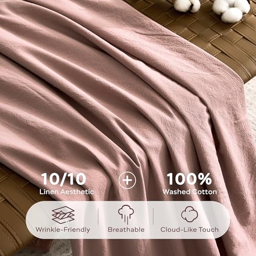 JELLYMONI 100% Washed Cotton Darker Rose Duvet Cover Queen, Linen-Like | OEKO-TEX Certified, Soft, Breathable Percale Bedding with Natural Wrinkle Texture, Button Closure, 3-Piece Set, 90"x90" - color: 01- Darker Rose, size: Queen(90"×90")
