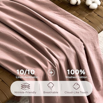 JELLYMONI 100% Washed Cotton Darker Rose Duvet Cover King, Linen-Like | OEKO-TEX Certified, Soft, Breathable Percale Bedding with Natural Wrinkle Texture, Button Closure, 3-Piece Set, 104"x90" - color: 01- Darker Rose, size: King(104"×90")