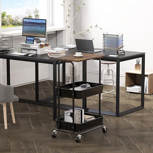 Simple Houseware 2-Tier Utility Cart Wood Top/Lockable Wheel, Rustic Brown | 2-Tier Metal Storage Organizer Trolley for Kitchen, Bathroom, Office, Craft Room - color: Rustic Brown
