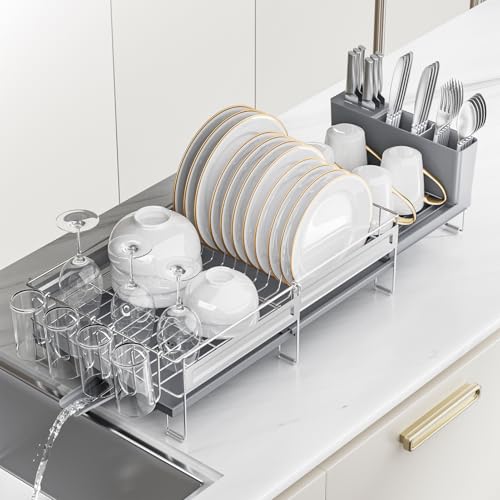 Stainless Steel Dish Drying Rack - Expandable Dish Racks for Kitchen Counter Organizer with Drain Board, Detachable Utensil & Cup Holder, Dish Drainer for Small Kitchen Counter, Grey - color: Gray