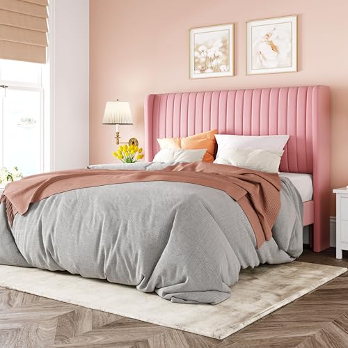 Allewie Full Size Velvet Bed Frame/Vertical Channel Tufted Wingback Headboard/Upholstered Platform Bed/Strong Wooden Slats/No Box Spring Needed/Easy Assembly/Pink - color: Pink, size: Full