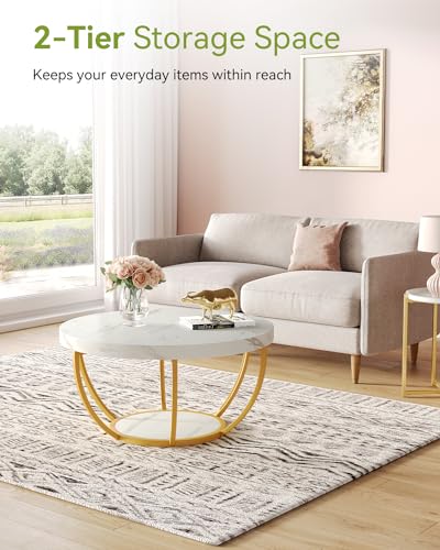 LITTLE TREE Round Coffee Table, 32" Faux Marble Circle Coffee Table | 2-Tier Wood Accent Center Table with Open Storage Industrial Design Home Furniture for Living Room(White and Gold) - color: White and Gold