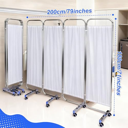Movable Medical Privacy Screen with Wheels 71x79 inch Portable 4-Panel Medical Room Divider Stainless Steel Contruction Folding Medical Privacy Screens for Hospital Nursing Privacy Screen