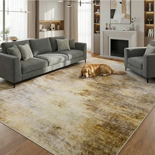 5x7 Washable Rug Abstract Watercolor Mid-Century Modern Waterproof | Non-Skid TPR Backing, Thin Low Profile Carpet for Living Room, Bedroom, Entryway, Dorm, High Traffic Area Use, Golden Fall - color: ‌golden Fall, size: 5' x 7' (Rectangular)