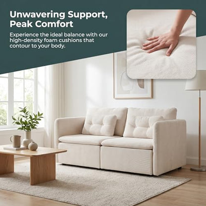HNY 56.5" Modern Loveseat Sofa, Beige | 2-Seat Button Tufted Love Seat, Deep Seat Chenille Fabric With Pillow, Small Couch for Bedroom, Apartment, Home Furniture - color: Beige, size: Loveseat