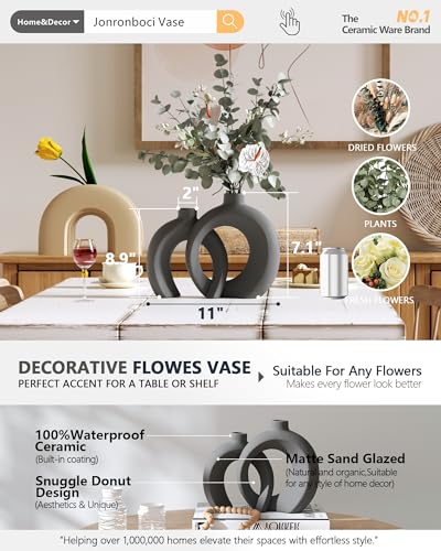 Set of 2 Gray Ceramic Vases for Home Decor Accents - Unique Hollow Donut Artistic Design Minimalism Industrial Scandinavian Style Decorative Vases for Shelf, Mantel, Entryway Table Decor (Matte Gray) - color: Matte Gray