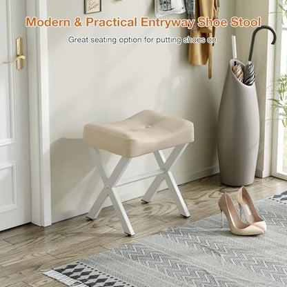 18-Inch Leather Vanity Stool Chair, Beige Makeup Stool | Vanity Bench, Metal X-Leg, Ottoman Accent Stool, Thick Padded Saddle Seat, 300 LBS, 16.3"x12.4"x18", For Living Room Bedroom - size: Small, style: Beige Leather
