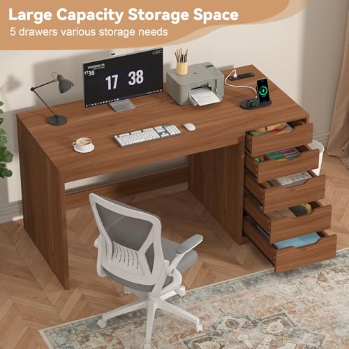47 Inch Computer Desk with 5 Drawers and Power Outlets for Small Spaces | Home Office Desks with Storage File Cabinet and Charging Station, Modern Simple Laptop Desk Writing Table, Brown - color: Brown