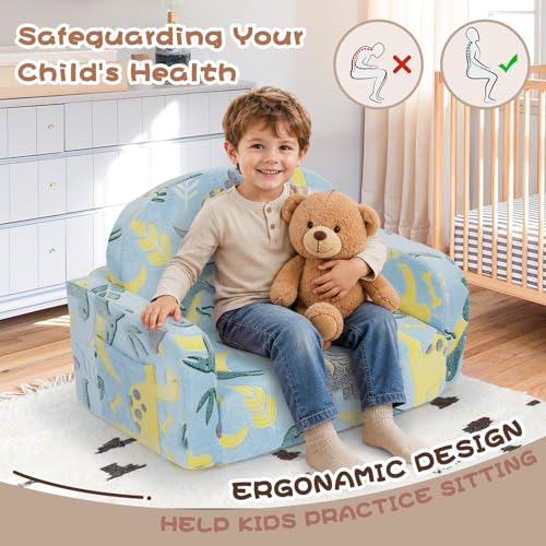 Extra Wide Kids Couch, 2-in-1 Soft Toddler Couch with Blanket, Glow in The Dark, Comfy Toddler Chair with Cloud Pillow, Convertible Sofa, Dinosaur - color: Dinosaur
